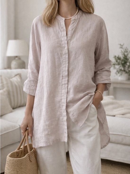 Eileen Fisher Tops - Eileen Fisher Linen Button Front Tunic Blouse M Minimalist Neutral
